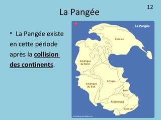 La Pangée
• La Pangée existe
en cette période
après la collision
des continents.
12
 