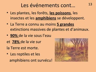 Les événements cont…
• Les plantes, les forêts, les poissons, les
insectes et les amphibiens se développent.
• La Terre a connu au moins 5 grandes
extinctions massives de plantes et d’animaux.
• 90% de la vie sous l’eau
et 78% de la vie sur
la Terre est morte.
• Les reptiles et les
amphibiens ont survécu!
13
 