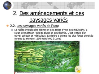 2. Des aménagements et des paysages variés2.2. Les paysages variés de l’eau:La rizière irriguée des plaines et des deltas d’Asie des moussons. Il s’agit de maîtriser l’eau de pluies et des fleuves. C’est le fruit d’un travail collectif et méticuleux. La rizière a permis les plus fortes densités rurales du monde (1500 habs/km2 à Java)