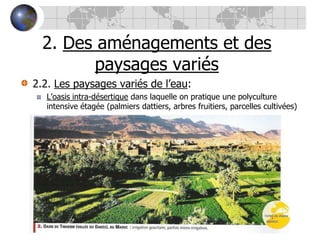 2. Des aménagements et des paysages variés2.2. Les paysages variés de l’eau:L’oasis intra-désertique dans laquelle on pratique une polyculture intensive étagée (palmiers dattiers, arbres fruitiers, parcelles cultivées)