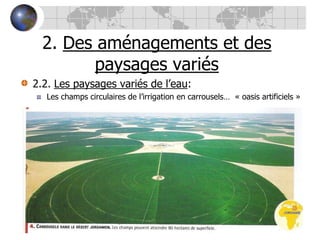 2. Des aménagements et des paysages variés2.2. Les paysages variés de l’eau:Les champs circulaires de l’irrigation en carrousels…  « oasis artificiels »