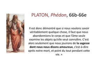 PLATON, Phédon, 66b-66e Il est donc démontré que si nous voulons savoir véritablement quelque chose, il faut que nous abandonnions le corps et que l’âme seule examine les objets qu’elle veut connaître. C’est alors seulement que nous jouirons de la sagesse dont nous nous disons amoureux, c’est-à-dire après notre mort, et point du tout pendant cette vie. »  
