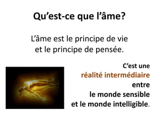 Qu’est-ce que l’âme? L’âme est le principe de vie et le principe de pensée. 
C’est une 
réalité intermédiaire 
entre le monde sensible et le monde intelligible.  