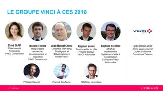 Chloé CLAIR
Directrice de
l'ingénierie
VINCI Construction
LE GROUPE VINCI À CES 2018
3
Maxime Trocme
Responsable
recherche,
développement et
innovation
VINCI Construction
Raphaël Ventre
Responsable du pôle
Projets digitaux
VINCI Autoroutes
Baptiste Escoffier
Chef du
département
Systèmes d’aide à
l’exploitation
Cofiroutes VINCI
Autoroutes
Philippe Dewost Pierrick Bouffaron Matthieu Lerondeau
Lydia Babaci-Victor
Anne-Laure Journet
Julien Guillaume
Dominique Tessaro
CES 2018
José-Manuel Chenu
Directeur Marketing
Stratégique et
Développement
Urbain VINCI
 