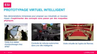 PROTOTYPAGE VIRTUEL INTELLIGENT
Des démonstrations immersives pour proposer aux industriels un nouveau
moyen d’expérimenter des concepts sans passer par des maquettes
physiques.
57
ESI
Conduite de voitures autonomes
dans une ville intelligente
Visite d’un atelier
d’emboutissage chez
AP&T
Visite virtuelle de l’opéra de Rennes
CES 2018
 