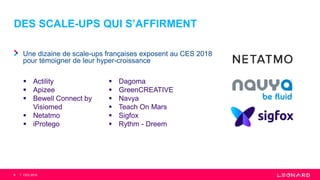 DES SCALE-UPS QUI S’AFFIRMENT
Une dizaine de scale-ups françaises exposent au CES 2018
pour témoigner de leur hyper-croissance
9
 Actility
 Apizee
 Bewell Connect by
Visiomed
 Netatmo
 iProtego
 Dagoma
 GreenCREATIVE
 Navya
 Teach On Mars
 Sigfox
 Rythm - Dreem
CES 2018
 