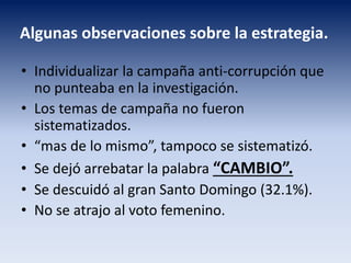 Algunas observaciones sobre la estrategia.
• Individualizar la campaña anti-corrupción que
no punteaba en la investigación.
• Los temas de campaña no fueron
sistematizados.
• “mas de lo mismo”, tampoco se sistematizó.
• Se dejó arrebatar la palabra “CAMBIO”.
• Se descuidó al gran Santo Domingo (32.1%).
• No se atrajo al voto femenino.
 