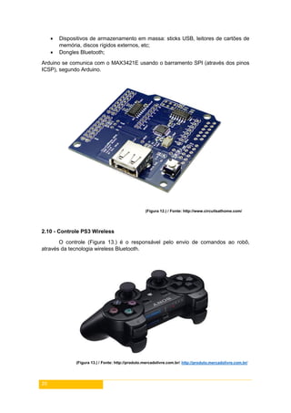 20
 Dispositivos de armazenamento em massa: sticks USB, leitores de cartões de
memória, discos rígidos externos, etc;
 Dongles Bluetooth;
Arduino se comunica com o MAX3421E usando o barramento SPI (através dos pinos
ICSP), segundo Arduino.
(Figura 12.) / Fonte: http://www.circuitsathome.com/
2.10 - Controle PS3 Wireless
O controle (Figura 13.) é o responsável pelo envio de comandos ao robô,
através da tecnologia wireless Bluetooth.
(Figura 13.) / Fonte: http://produto.mercadolivre.com.br/ http://produto.mercadolivre.com.br/
 