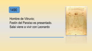 1490
Hombre de Vitruvio;
Festín del Paraíso es presentado.
Salai viene a vivir con Leonardo
 