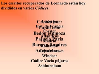 Los escritos recuperados de Leonardo están hoy
divididos en varios Códices:


                    Leicester
                  Creado por:
                 Inst. de Francia
                  Lujan leon
                     Forster
                Bedon espinoza
                    Atlanticus
                 Pajuelo Paria
                     Madrid
                Barreto Ramires
                    Romanoff
                 Anaya chaves
                   Trivulziano
                     Windsor
                Códice Vuelo pájaros
                   Ashburnham
 