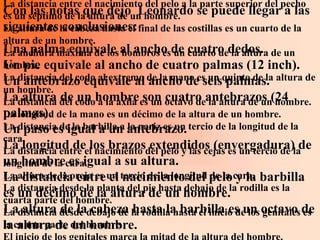 La distancia entre el nacimiento del pelo a la parte superior del pecho
Con séptimo de la altura de un hombre. se puede llegar a las
es un las notas que dejo Leonardo
siguientes la cabeza hasta el final de las costillas es un cuarto de la
La altura de conclusiones:
altura de un hombre.
Una palma equivale al ancho de cuarto dededos. de un
La anchura máxima de los hombros es un cuatro la altura
Un pie equivale al ancho de cuatro palmas (12 inch).
hombre.
La distancia del codo al extremo de la mano es un quinto de la altura de
Un antebrazo equivale al ancho de seis palmas.
un hombre.
Ladistancia del codohombre es un octavo deantebrazos (24
La altura de un a la axila son cuatro la altura de un hombre.
palmas). de la mano es un décimo de la altura de un hombre.
La longitud
La distancia de la barbilla a antebrazo. tercio de la longitud de la
Un paso es igual a un la nariz es un
cara.
Ladistancia entre ellos brazosdel pelo y las cejas es un tercio de la
La
     longitud de nacimiento extendidos (envergadura) de
un hombrecara.
longitud de la es igual a su altura.
La altura de la oreja es un tercio de la longitud pelo cara. barbilla
La distancia entre el nacimiento del de la y la
La distancia desde la planta del pie hasta debajo de la rodilla es la
es un parte del hombre.altura de un hombre.
cuarta
        décimo de la
Ladistancia desde debajo de la rodilla hasta el inicio deun octavo de
La altura de la cabeza hasta la barbilla es los genitales es
la altura de un hombre.
lacuarta parte del hombre.
El inicio de los genitales marca la mitad de la altura del hombre.
 