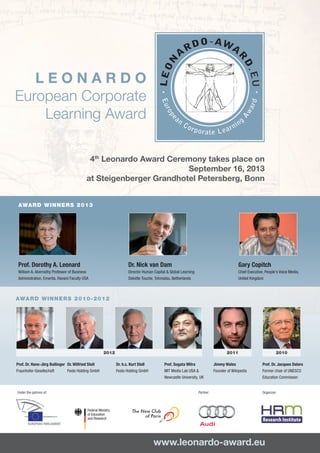 L E O N A R D O
European Corporate
Learning Award
www.leonardo-award.eu
Prof. Dr. Hans-Jörg Bullinger
Fraunhofer-Gesellschaft	
	
Prof. Dorothy A. Leonard
William A. Abernathy Professor of Business
Administration, Emerita, Havard Faculty USA
Dr. Nick van Dam
Director Human Capital & Global Learning
Deloitte Touche, Tohmatsu, Netherlands
Gary Copitch
Chief Executive, People's Voice Media,
United Kingdom
Jimmy Wales
Founder of Wikipedia	
	
Dr. Wilfried Stoll
Festo Holding GmbH	
Prof. Dr. Jacques Delors
Former chair of UNESCO
Education Commisson	
Dr. h.c. Kurt Stoll
Festo Holding GmbH
Prof. Sugata Mitra
MIT Media Lab USA &
Newcastle University, UK	
AWARD WINNERS 2010-2012
AWARD WINNERS 2013
2012 2011 2010
Under the patrons of: Organizer:
Federal Ministry
of Education
and Research
Partner:
 
4th
Leonardo Award Ceremony takes place on
September 16, 2013
at Steigenberger Grandhotel Petersberg, Bonn
 