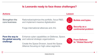 Company General Use
11
Is Leonardo ready to face those challenges?
Actions
Strengthen the
core business
Lesson
From Defense
to “Global Security”
Bullets and bytes
Security as a
continental problem
Pave the way to
the global security
challenge
Rationalize/optimize the portfolio, focus R&D,
and implement massive digitalization
Forge international alliances and JVs
Enhance cyber capabilities on Defense, Space,
and national strategic organizations
Create the Space Division, boost the Space
Alliance focusing on high-value segments
 