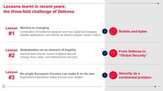 4
Lessons learnt in recent years:
the three-fold challenge of Defense
Lesson
#1
Bullets and bytes
Lesson
#2
From Defense to
“Global Security”
Security as a
continental problem
Lesson
#3
Warfare is changing
combination of traditional weapons and new digital technologies,
satellite applications, and drones (to destroy targets valued 1,000x)
Globalization as an element of fragility
regional wars directly impact on global security
(energy, food, cyber, and infrastructure security)
No single European Country can make it on its own
fragmented expenditure makes Europe even weaker
 