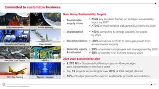 53
© 2024 Leonardo - Società per azioni
Company General Use
Committed to sustainable business
o € 270 M for Sustainability Plan’s projects in Group budget
plan, concentrated in the first 3 years
o Sustainable
supply chain
o Digitalization
• ≥500 key suppliers trained on strategic sustainability
topics by 2027
• >70% of major tenders including ESG criteria by 2028
o Decarbonization
o Diversity, equity
& inclusion
2024-2028 Sustainability plan
• 20% of women in employees and management by 2025
• 30% of women in STEM new hires by 2025
Main Group Sustainability Targets
o 55% of budget planned focused on sustainable products and solutions
o Top 10 projects accounting for over 80% of total budget planned
C27J Fire Fighting Davinci-1 upgrade
Next Gen. Civil Tiltrotor NEMESI
Simulation and Training Clean Aviation
In-orbit servicing
DE&I enhancement
• +40% computing & storage capacity per capita
by 2025
• -50% emissions by 2030 to decouple growth from
environmental impacts
 