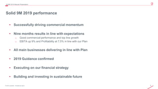 3© 2019 Leonardo - Società per azioni
Solid 9M 2019 performance
3Q/9M 2019 Results Presentation
• Successfully driving commercial momentum
• Nine months results in line with expectations
o Good commercial performance and top line growth
o EBITA up 9% and Profitability at 7.5% in line with our Plan
• All main businesses delivering in line with Plan
• 2019 Guidance confirmed
• Executing on our financial strategy
• Building and investing in sustainable future
 