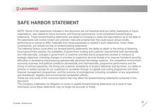 © Leonardo - Società per azioni
24
SAFE HARBOR STATEMENT
NOTE: Some of the statements included in this document are not historical facts but rather statements of future
expectations, also related to future economic and financial performance, to be considered forward-looking
statements. These forward-looking statements are based on Company’s views and assumptions as of the date of
the statements and involve known and unknown risks and uncertainties that could cause actual results,
performance or events to differ materially from those expressed or implied in such statements. Given these
uncertainties, you should not rely on forward-looking statements.
The following factors could affect our forward-looking statements: the ability to obtain or the timing of obtaining
future government awards; the availability of government funding and customer requirements both domestically
and internationally; changes in government or customer priorities due to programme reviews or revisions to
strategic objectives (including changes in priorities to respond to terrorist threats or to improve homeland security);
difficulties in developing and producing operationally advanced technology systems; the competitive environment;
economic business and political conditions domestically and internationally; programme performance and the
timing of contract payments; the timing and customer acceptance of product deliveries and launches; our ability to
achieve or realise savings for our customers or ourselves through our global cost-cutting programme and other
financial management programmes; and the outcome of contingencies (including completion of any acquisitions
and divestitures, litigation and environmental remediation efforts).
These are only some of the numerous factors that may affect the forward-looking statements contained in this
document.
The Company undertakes no obligation to revise or update forward-looking statements as a result of new
information since these statements may no longer be accurate or timely.
 