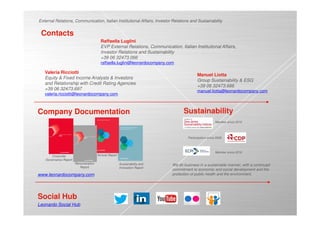 © Leonardo - Società per azioni
25
Raffaella Luglini
EVP External Relations, Communication, Italian Institutional Affairs,
Investor Relations and Sustainability
+39 06 32473.066
raffaella.luglini@leonardocompany.com
We do business in a sustainable manner, with a continued
commitment to economic and social development and the
protection of public health and the environment.
Company Documentation
External Relations, Communication, Italian Institutional Affairs, Investor Relations and Sustainability
Valeria Ricciotti
Equity & Fixed Income Analysts & Investors
and Relationship with Credit Rating Agencies
+39 06 32473.697
valeria.ricciotti@leonardocompany.com
Sustainability
Manuel Liotta
Group Sustainability & ESG
+39 06 32473.666
manuel.liotta@leonardocompany.com
Member since 2010
Partecipation since 2008
Member since 2016
Contacts
Social Hub
Sustainability and
Innovation Report
Annual ReportCorporate
Governance Report
Remuneration
Report
www.leonardocompany.com
Leonardo Social Hub
 