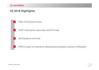 © Leonardo - Società per azioni
7
1Q 2018 Highlights
Solid 1Q 2018 performance
FOCF influenced by seasonality and EFA Kuwait
2018 Guidance confirmed
IFRS15 impact not material but affecting phasing between quarters in Helicopters
 