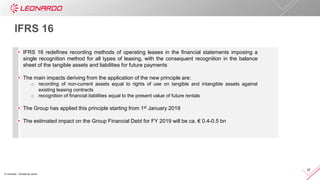© Leonardo - Società per azioni
22
IFRS 16
IFRS 16 redefines recording methods of operating leases in the financial statements imposing a
single recognition method for all types of leasing, with the consequent recognition in the balance
sheet of the tangible assets and liabilities for future payments
The main impacts deriving from the application of the new principle are:
o recording of non-current assets equal to rights of use on tangible and intangible assets against
existing leasing contracts
o recognition of financial liabilities equal to the present value of future rentals
The Group has applied this principle starting from 1st January 2019
The estimated impact on the Group Financial Debt for FY 2019 will be ca. € 0.4-0.5 bn
 