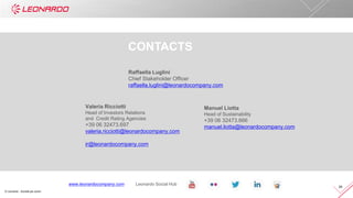 © Leonardo - Società per azioni
24
Leonardo Social Hubwww.leonardocompany.com
CONTACTS
Raffaella Luglini
Chief Stakeholder Officer
raffaella.luglini@leonardocompany.com
Valeria Ricciotti
Head of Investors Relations
and Credit Rating Agencies
+39 06 32473.697
valeria.ricciotti@leonardocompany.com
ir@leonardocompany.com
Manuel Liotta
Head of Sustainability
+39 06 32473.666
manuel.liotta@leonardocompany.com
 