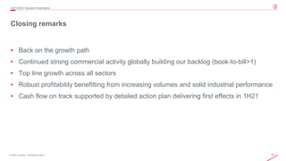 15
© 2020 Leonardo - Società per azioni
Closing remarks
2Q/1H2021 Results Presentation
• Back on the growth path
• Continued strong commercial activity globally building our backlog (book-to-bill>1)
• Top line growth across all sectors
• Robust profitability benefitting from increasing volumes and solid industrial performance
• Cash flow on track supported by detailed action plan delivering first effects in 1H21
 