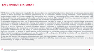 27
© 2022 Leonardo - Società per azioni
SAFE HARBOR STATEMENT
NOTE: Some of the statements included in this document are not historical facts but rather statements of future expectations, also
related to future economic and financial performance, to be considered forward-looking statements. These forward-looking
statements are based on Company’s views and assumptions as of the date of the statements and involve known and unknown risks
and uncertainties that could cause actual results, performance or events to differ materially from those expressed or implied in such
statements. Given these uncertainties, you should not rely on forward-looking statements.
The following factors could affect our forward-looking statements: the ability to obtain or the timing of obtaining future government
awards; the availability of government funding and customer requirements both domestically and internationally; changes in
government or customer priorities due to programme reviews or revisions to strategic objectives (including changes in priorities to
respond to terrorist threats or to improve homeland security); difficulties in developing and producing operationally advanced
technology systems; the competitive environment; economic business and political conditions domestically and internationally;
programme performance and the timing of contract payments; the timing and customer acceptance of product deliveries and
launches; our ability to achieve or realise savings for our customers or ourselves through our global cost-cutting programme and
other financial management programmes; and the outcome of contingencies (including completion of any acquisitions and
divestitures, litigation and environmental remediation efforts).
These are only some of the numerous factors that may affect the forward-looking statements contained in this document.
The Company undertakes no obligation to revise or update forward-looking statements as a result of new information since these
statements may no longer be accurate or timely.
 