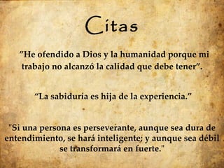 ” He ofendido a Dios y la humanidad porque mi trabajo no alcanzó la calidad que debe tener”. “ La sabiduría es hija de la experiencia.” "Si una persona es perseverante, aunque sea dura de entendimiento, se hará inteligente; y aunque sea débil se transformará en fuerte." Citas 