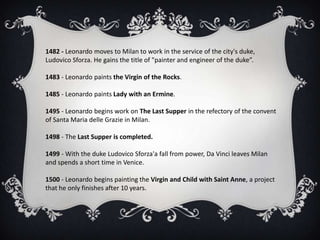 1482 - Leonardo moves to Milan to work in the service of the city's duke,
Ludovico Sforza. He gains the title of "painter and engineer of the duke”.

1483 - Leonardo paints the Virgin of the Rocks.

1485 - Leonardo paints Lady with an Ermine.

1495 - Leonardo begins work on The Last Supper in the refectory of the convent
of Santa Maria delle Grazie in Milan.

1498 - The Last Supper is completed.

1499 - With the duke Ludovico Sforza'a fall from power, Da Vinci leaves Milan
and spends a short time in Venice.

1500 - Leonardo begins painting the Virgin and Child with Saint Anne, a project
that he only finishes after 10 years.
 