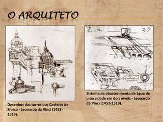O ARQUITETO
Desenhos das torres dos Castelos de
Sforsa - Leonardo da Vinci (1452-
1519).
Sistema de abastecimento de água de
uma cidade em dois níveis - Leonardo
da Vinci (1452-1519).
 