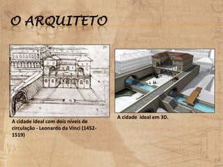 O ARQUITETO
A cidade ideal com dois níveis de
circulação - Leonardo da Vinci (1452-
1519)
A cidade ideal em 3D.
 
