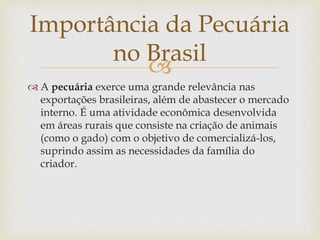 Importância da Pecuária 
no Brasil 
 
 A pecuária exerce uma grande relevância nas 
exportações brasileiras, além de abastecer o mercado 
interno. É uma atividade econômica desenvolvida 
em áreas rurais que consiste na criação de animais 
(como o gado) com o objetivo de comercializá-los, 
suprindo assim as necessidades da família do 
criador. 
 