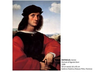 RAFFAELLO, Sanzio
Portrait of Agnolo Doni
1506
Oil on wood, 63 x 45 cm
Galleria Palatina (Palazzo Pitti), Florence
 