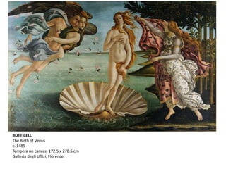 BOTTICELLI
The Birth of Venus
c. 1485
Tempera on canvas, 172.5 x 278.5 cm
Galleria degli Uffizi, Florence
 