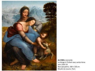 da VINCI, Leonardo
La Vierge à l'Enfant avec sainte Anne
vers 1503-19
Bois (peuplier), 168 x 130 cm
Musée du Louvre, Paris
 