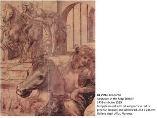 da VINCI, Leonardo
Adoration of the Magi (detail)
1452-Amboise 1519
Tempera mixed with oil with parts in red or
greenish lacquer, and white lead, 243 x 246 cm
Galleria degli Uffizi, Florence
 