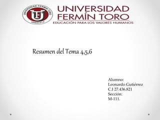 Alumno:
Leonardo Gutiérrez
C.I 27.436.821
Sección:
M-111.
Resumen del Tema 4,5,6
 