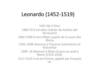 Leonardo (1452-1519) 1452 Né à Vinci 1469-70 il est dans l’atelier de Andrea del Verrocchio 1482-1500 il est à Milan auprès de la cours des Sforza 1501-1508 retourne à Florence (commence la Gioconda) 1509- 16 Retoune à Milan et puis se rend à Rome (1514-1516) 1517-1519 il est en France, appelé par François Ier 