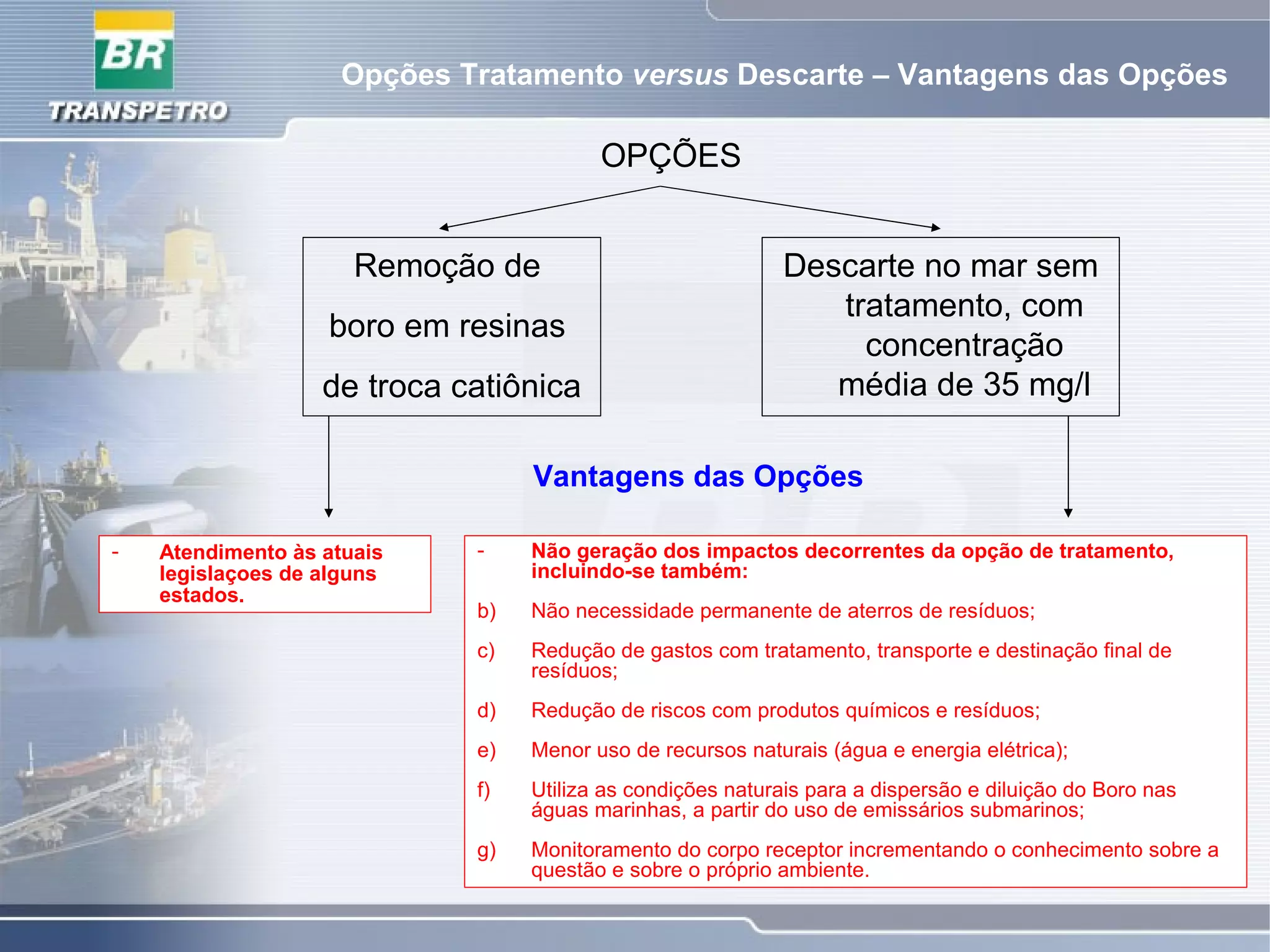 Opções Tratamento versus Descarte – Vantagens das Opções
OPÇÕES
Remoção de
boro em resinas
de troca catiônica
Descarte no mar sem
tratamento, com
concentração
média de 35 mg/l
Vantagens das Opções
- Atendimento às atuais
legislaçoes de alguns
estados.
- Não geração dos impactos decorrentes da opção de tratamento,
incluindo-se também:
b) Não necessidade permanente de aterros de resíduos;
c) Redução de gastos com tratamento, transporte e destinação final de
resíduos;
d) Redução de riscos com produtos químicos e resíduos;
e) Menor uso de recursos naturais (água e energia elétrica);
f) Utiliza as condições naturais para a dispersão e diluição do Boro nas
águas marinhas, a partir do uso de emissários submarinos;
g) Monitoramento do corpo receptor incrementando o conhecimento sobre a
questão e sobre o próprio ambiente.
 