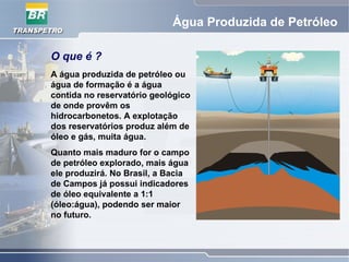 Água Produzida de Petróleo
O que é ?
A água produzida de petróleo ou
água de formação é a água
contida no reservatório geológico
de onde provêm os
hidrocarbonetos. A explotação
dos reservatórios produz além de
óleo e gás, muita água.
Quanto mais maduro for o campo
de petróleo explorado, mais água
ele produzirá. No Brasil, a Bacia
de Campos já possui indicadores
de óleo equivalente a 1:1
(óleo:água), podendo ser maior
no futuro.
 