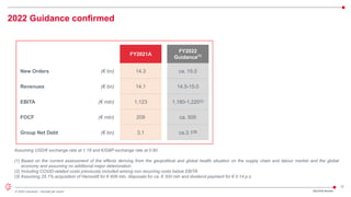 12
© 2022 Leonardo - Società per azioni
2022 Guidance confirmed
FY2021A
FY2022
Guidance(1)
New Orders (€ bn) 14.3 ca. 15.0
Revenues (€ bn) 14.1 14.5-15.0
EBITA (€ mln) 1,123 1,180-1,220(2)
FOCF (€ mln) 209 ca. 500
Group Net Debt (€ bn) 3.1 ca.3.1(3)
Assuming USD/€ exchange rate at 1.18 and €/GBP exchange rate at 0.90
(1) Based on the current assessment of the effects deriving from the geopolitical and global health situation on the supply chain and labour market and the global
economy and assuming no additional major deterioration
(2) Including COVID-related costs previously included among non recurring costs below EBITA
(3) Assuming 25.1% acquisition of Hensoldt for € 606 mln, disposals for ca. € 300 mln and dividend payment for € 0.14 p.s.
2Q/1H22 Results
 