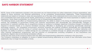 28
© 2022 Leonardo - Società per azioni
SAFE HARBOR STATEMENT
NOTE: Some of the statements included in this document are not historical facts but rather statements of future expectations, also
related to future economic and financial performance, to be considered forward-looking statements. These forward-looking
statements are based on Company’s views and assumptions as of the date of the statements and involve known and unknown risks
and uncertainties that could cause actual results, performance or events to differ materially from those expressed or implied in such
statements. Given these uncertainties, you should not rely on forward-looking statements.
The following factors could affect our forward-looking statements: the ability to obtain or the timing of obtaining future government
awards; the availability of government funding and customer requirements both domestically and internationally; changes in
government or customer priorities due to programme reviews or revisions to strategic objectives (including changes in priorities to
respond to terrorist threats or to improve homeland security); difficulties in developing and producing operationally advanced
technology systems; the competitive environment; economic business and political conditions domestically and internationally;
programme performance and the timing of contract payments; the timing and customer acceptance of product deliveries and
launches; our ability to achieve or realise savings for our customers or ourselves through our global cost-cutting programme and
other financial management programmes; and the outcome of contingencies (including completion of any acquisitions and
divestitures, litigation and environmental remediation efforts).
These are only some of the numerous factors that may affect the forward-looking statements contained in this document.
The Company undertakes no obligation to revise or update forward-looking statements as a result of new information since these
statements may no longer be accurate or timely.
 