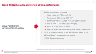 3
© 2022 Leonardo - Società per azioni
WELL POSITIONED
IN THE DEFENCE ARENA
Good 1H2022 results, delivering strong performance
• Building on good start to the year
• Order intake of € 7.3 bn, up 9.4%
• Revenues at € 6.6 bn, up 3.6% YoY
• EBITA at € 418 mln, up 12% YoY vs 1H2021 restated*
• RoS at 6.4% (7.4% without pass through)
• ROIC at 10.5%, vs 10.3% 1H21
• FOCF at € -962 mln, improved by more than 400 million YoY
• € 1.76 bn gross contract for 32 AW149 in Poland signed in July
• S&P and Moody’s revised outlook to positive
• FY2022 Guidance confirmed
2Q/1H22 Results
* Restatement to include 1H2021 covid costs within EBITA as previously accounted below the line
 