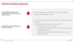 4
© 2022 Leonardo - Società per azioni
ESG: DEMONSTRATING DEEP
COMMITMENT IN OUR FIRST ESG
INVESTOR DAY
POSITIONING FOR TOMORROW’S
DEFENCE MARKET
Important strategic progresses
• ESG fully embedded in our Industrial Plan, LTI and Financial strategy
• Important progress and goals achieved
• In Europe: reinforced positioning in Defence Electronic through the 25.1% stake
in Hensoldt
• In the US: fully delivering on promises in Leonardo DRS
• continued growth on a stand-alone basis
• more focused on its core business (disposal of AAC completed; disposal
GES about to be finalized)
• reinforced through the combination with RADA, also a way to list it in
highly volatile markets
2Q/1H22 Results
 