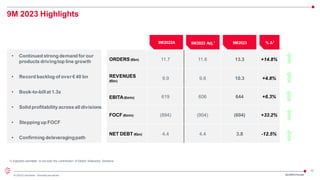 10
© 2023 Leonardo - Società per azioni
9M 2023 Highlights
1) Adjusted perimeter to exclude the contribution of Global Enterprise Solutions
9M2022A 9M2022 Adj.1 9M2023
ORDERS (€bn) 11.7 11.6 13.3 +14.8%
REVENUES
(€bn)
9.9 9.8 10.3 +4.8%
EBITA(€mln) 619 606 644 +6.3%
FOCF (€mln) (894) (904) (604) +33.2%
NET DEBT (€bn) 4.4 4.4 3.8 -12.5%
• Continued strong demand for our
products drivingtop line growth
• Record backlog of over € 40 bn
• Book-to-bill at 1.3x
• Solid profitability across all divisions
• Stepping up FOCF
• Confirming deleveragingpath
% Δ1
3Q/9M23 Results
 