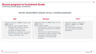 15
© 2023 Leonardo - Società per azioni
Recent progress to Investment Grade
Confirming deleveraging commitment
3Q/9M23 Results
• Upgraded Leonardo to Baa3 in May’ 23, with
stable outlook
• Ratings upgrade reflects
• Strong execution through the pandemic
• Solid growth prospects for the Defence
business
• Track record of material deleveraging
• Commitment for further reduction, whilst
maintaining a stable shareholder
remuneration and strong growth
prospects
RATED “INVESTMENT GRADE” BY ALL 3 RATINGAGENCIES
• Upgraded Leonardo’s outlook from
Negative to stable, with a BBB-
rating in Jan’22
• The outlook upgrade reflected
strong cash flows improvement
expectations
S&P Moody’s Fitch
• Upgraded Leonardo to BBB- in Aug’23, with
stable outlook
• The Investment Grade upgrade reflects
• Management's priorities to improve
cash flows, reduce debt, and
strengthen the balance sheet
• Management commitment to use cash
flows to reduce debt, then maintain
constant shareholder return
 