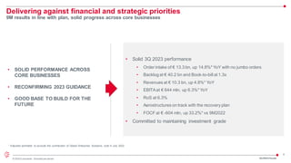 4
© 2023 Leonardo - Società per azioni
• SOLID PERFORMANCE ACROSS
CORE BUSINESSES
• RECONFIRMING 2023 GUIDANCE
• GOOD BASE TO BUILD FOR THE
FUTURE
Delivering against financial and strategic priorities
9M results in line with plan, solid progress across core businesses
• Solid 3Q 2023 performance
• Order intake of € 13.3 bn, up 14.8%* YoY with no jumbo orders
• Backlog at € 40.2 bn and Book-to-bill at 1.3x
• Revenues at € 10.3 bn, up 4.8%* YoY
• EBITAat € 644 mln, up 6.3%* YoY
• RoS at 6.3%
• Aerostructures on track with the recovery plan
• FOCF at € -604 mln, up 33.2%* vs 9M2022
• Committed to maintaining investment grade
* Adjusted perimeter to exclude the contribution of Global Enterprise Solutions, sold in July 2022
3Q/9M23 Results
 