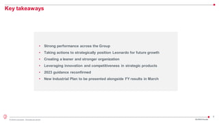 8
© 2023 Leonardo - Società per azioni
Key takeaways
• Strong performance across the Group
• Taking actions to strategically position Leonardo for future growth
• Creating a leaner and stronger organization
• Leveraging innovation and competitiveness in strategic products
• 2023 guidance reconfirmed
• New Industrial Plan to be presented alongside FY results in March
3Q/9M23 Results
 