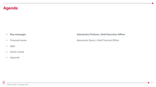 2
© 2022 Leonardo - Società per azioni
Agenda
• Key messages Alessandro Profumo, Chief Executive Officer
• Financial review Alessandra Genco, Chief Financial Officer
• Q&A
• Sector results
• Appendix
 