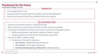 4
© 2022 Leonardo - Società per azioni
Positioned for the future
Important strategic moves
3Q/9M22 Results
• 25.1% stake for € 617* mln
• Leading provider of sensor solutions for defence and security applications
• Reinforcing Leonardo’s positioning in Defence Electronics segment
• Continued commercial growth on a stand-alone basis
• More focused on its core business with GES and AAC disposals completed
• Combination with RADA reinforcing core business of sensors and integrated systems
• RADA well positioned in high-growth segment of defence market
• Creating significant commercial and technological opportunities
• A way to list DRS in volatile markets
• Proceeding on transaction milestones
• 19th October: RADA EGM approval received
• 24th October: CFIUS approval received
• End-November/beginning of December: expected closing
HENSOLDT
* Including transaction costs
 